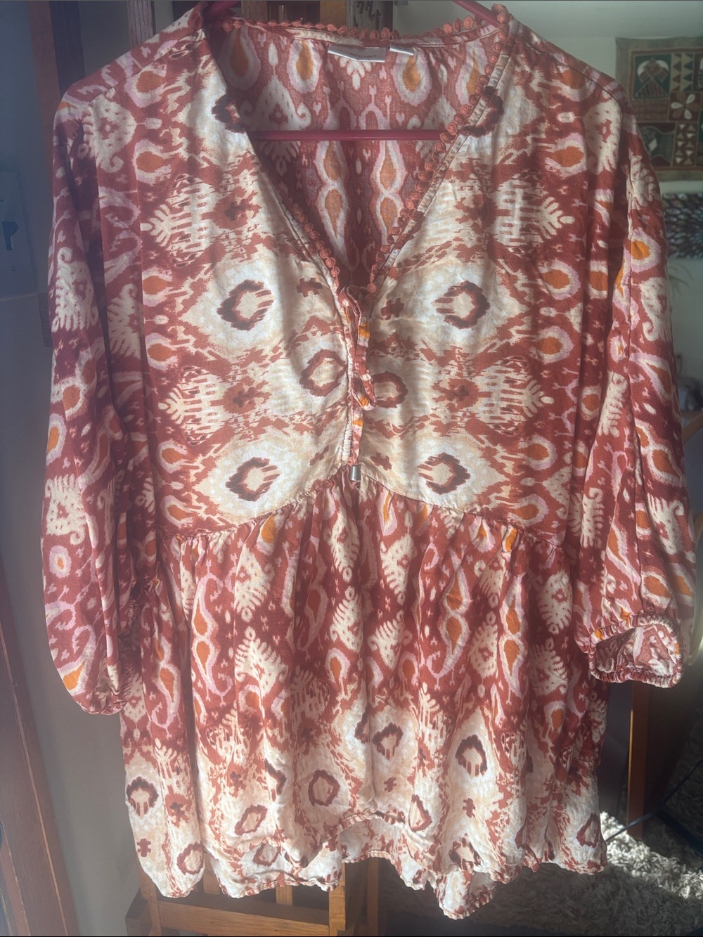 Avenue Rust and Cream Ikat Peasant Tunic